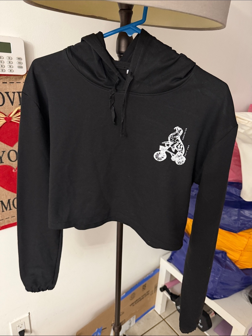 Source Unknown Black Cropped Crewneck Hoodie with White Bike Graphic